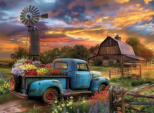 Rustic Farmhouse Barn Truck Diamond Painting Kit for Adults – 5D Full Drill DIY Flower Landscape Diamond Art Set, Round Gem Painting Craft for Home Wall Décor, 12 x 16 Inch